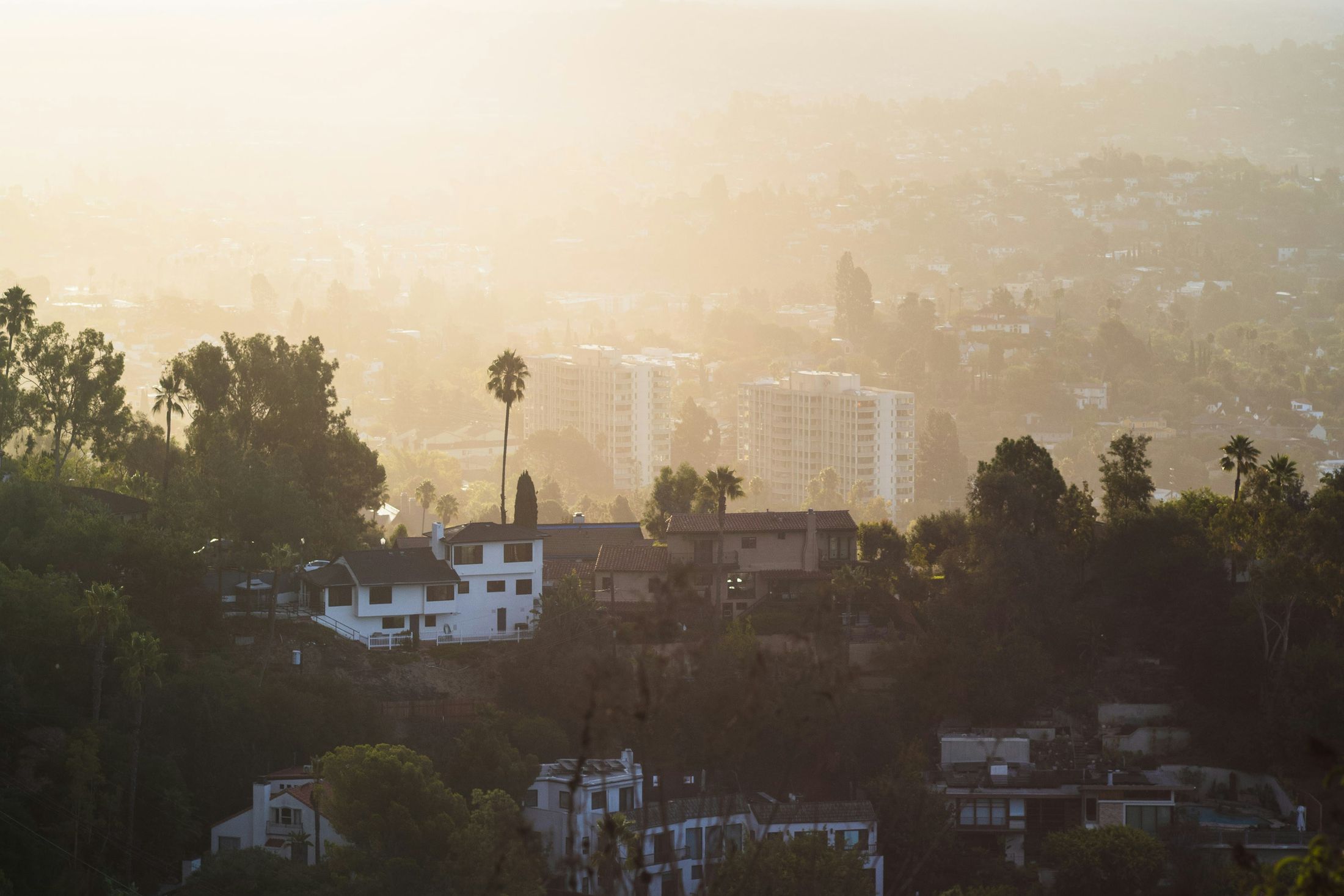 Elevated view across a Southern California hillside neighborhood in golden haze